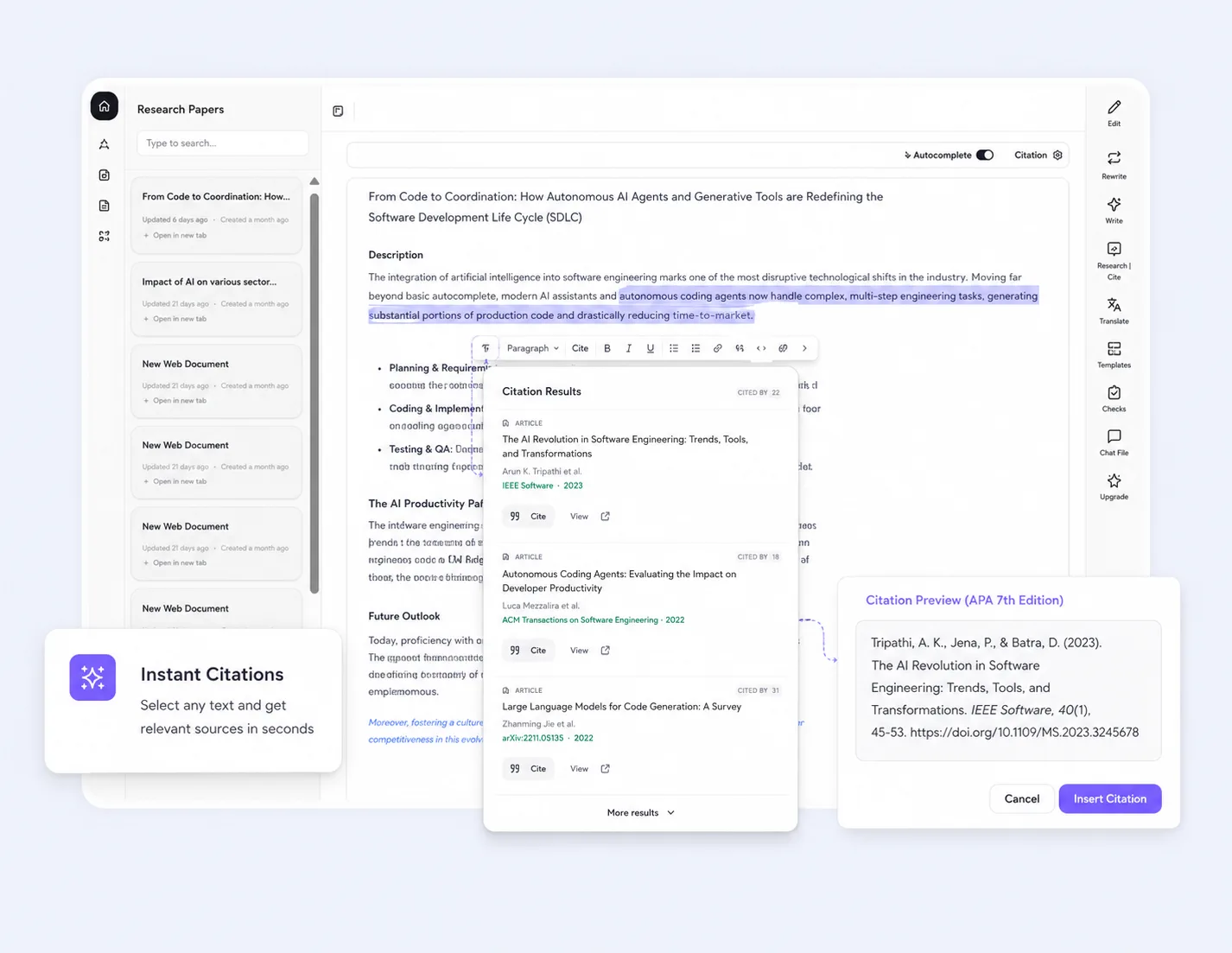 LitraMind editor with a research paper, AI suggestions and citation search open